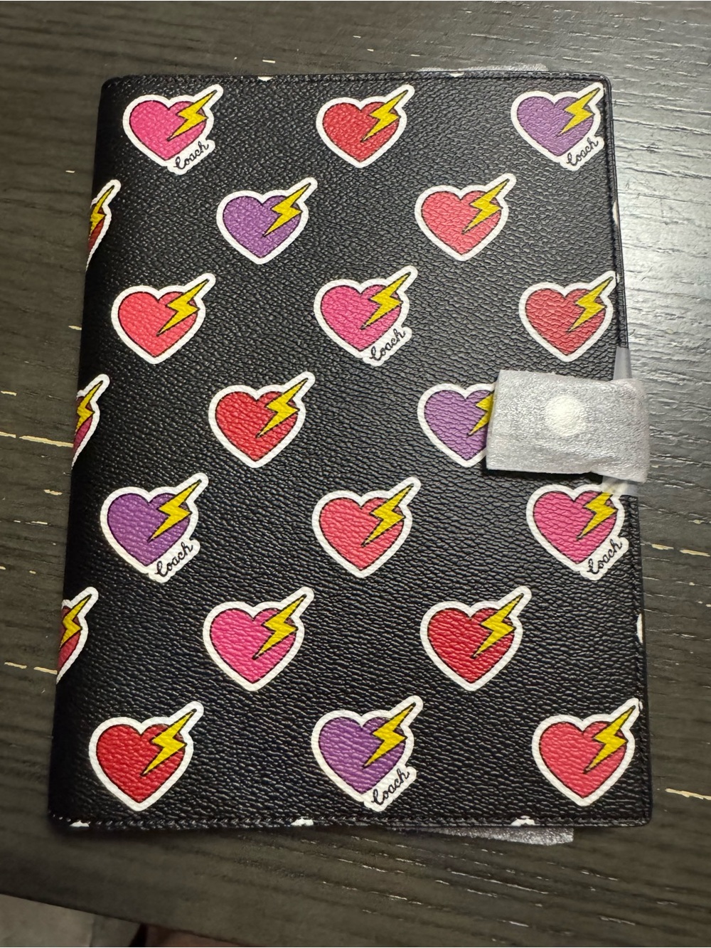 Coach Black Folio Case with Pink and Purple Heart Lightning Motif